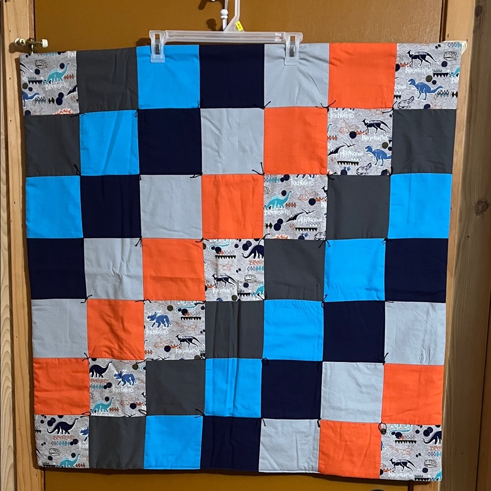 Baby or Lap Size Dinosaur Quilt. Blue, Navy, Orange, Grey